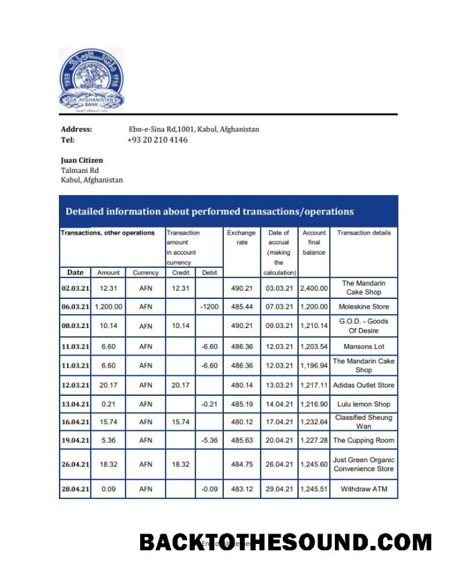 İndir Afganistan Da Afganistan Banka Hesap Özeti in Excel an PDF Format Örnek şablon