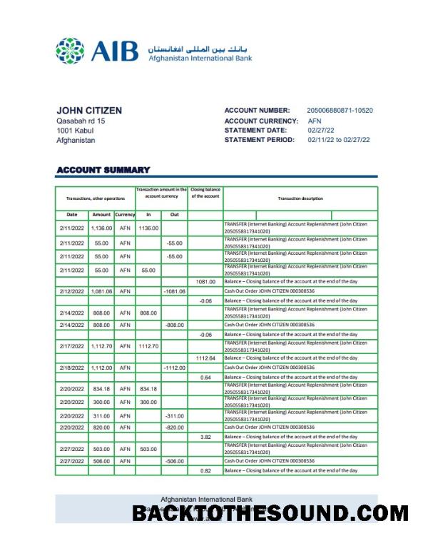İndir Afganistan uluslararası Banka (AIB) Banka Hesap Özeti in Excel and PDF Format Örnek taslak