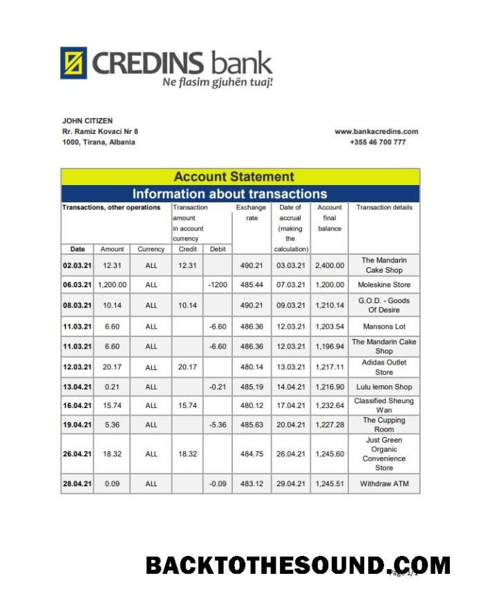 İndir Arnavutluk Credins Banka Hesap Özeti in Excel and PDF Format Örnek taslak
