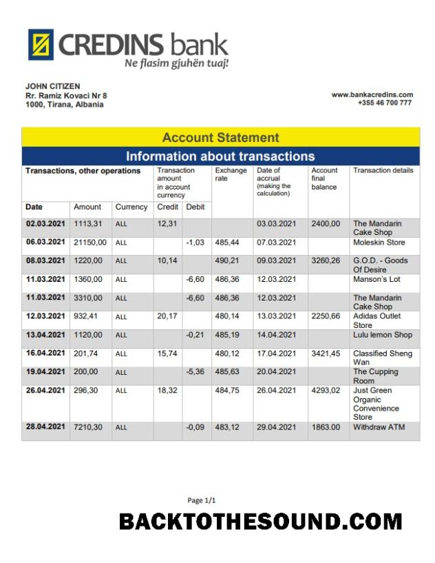 İndir Arnavutluk Credins Banka Hesap Özeti Örnek taslak