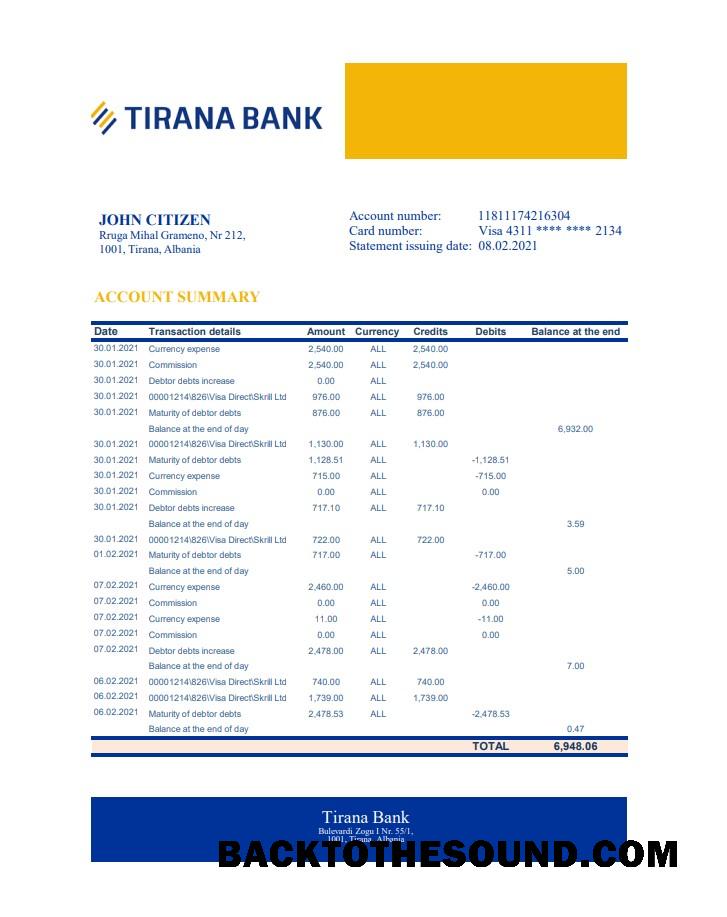 İndir Arnavutluk Tirana Banka Hesap Özeti XLS Örnek taslak