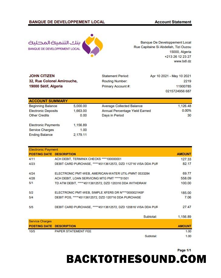 İndir Cezayir Banque De Developpement Local Banka Hesap Özeti XLS Örnek şablon