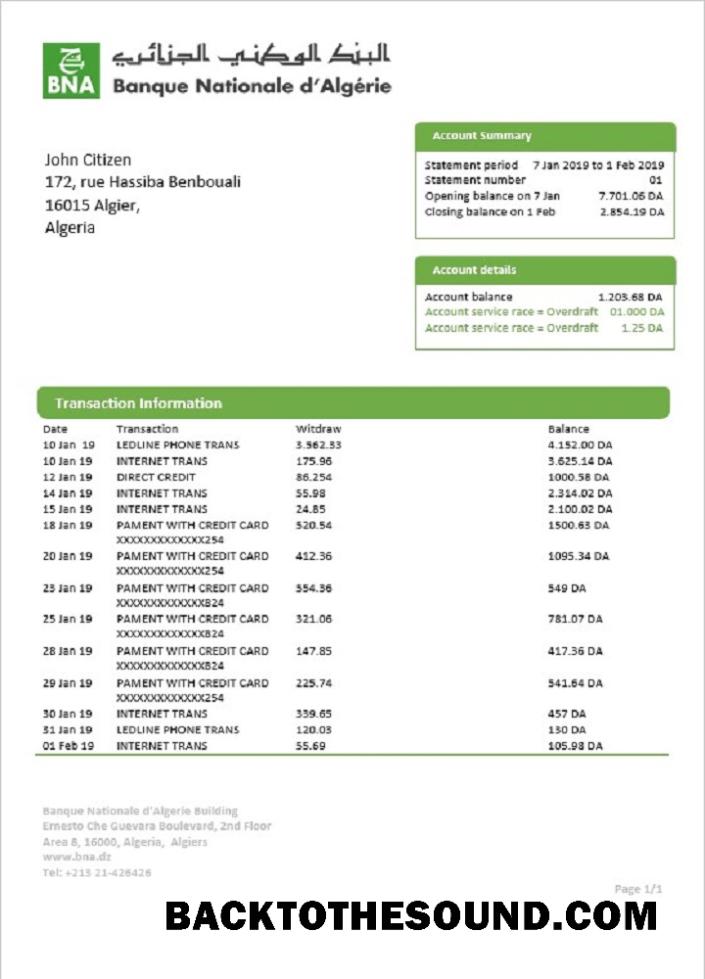 İndir Cezayir Banque nationale d’Algérie (BNA) Banka Hesap Özeti Örnek şablon