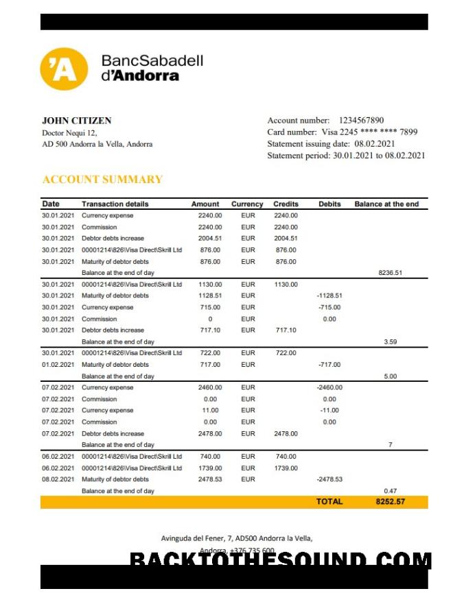 İndir Andorra BancSabadell d’Andorra Banka Hesap Özeti in Excel and PDF Format Örnek tasarım