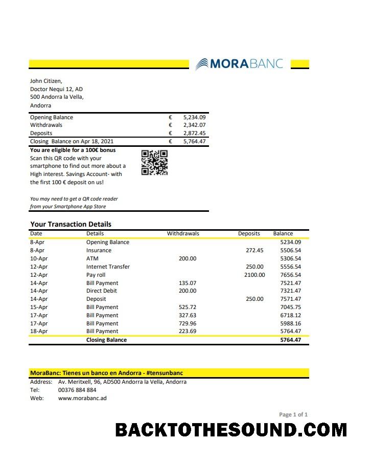 İndir Andorra MoraBank Banka Hesap Özeti in Excel and PDF Format Örnek şablon