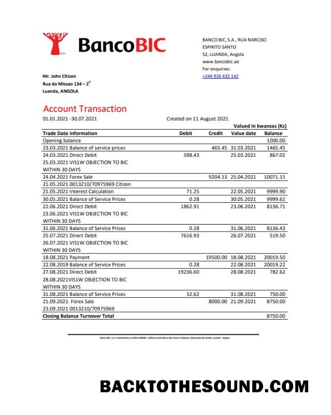 İndir Angola Banco BIC Banka Hesap Özeti in Excel and PDF Format Örnek şablon