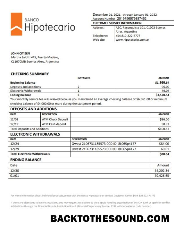 İndir Arjantin Banco Hipotecario Banka Hesap Özeti Örnek örnek