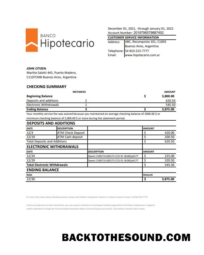 İndir Arjantin Banco Hipotecario Banka Hesap Özeti XLS Örnek tasarım