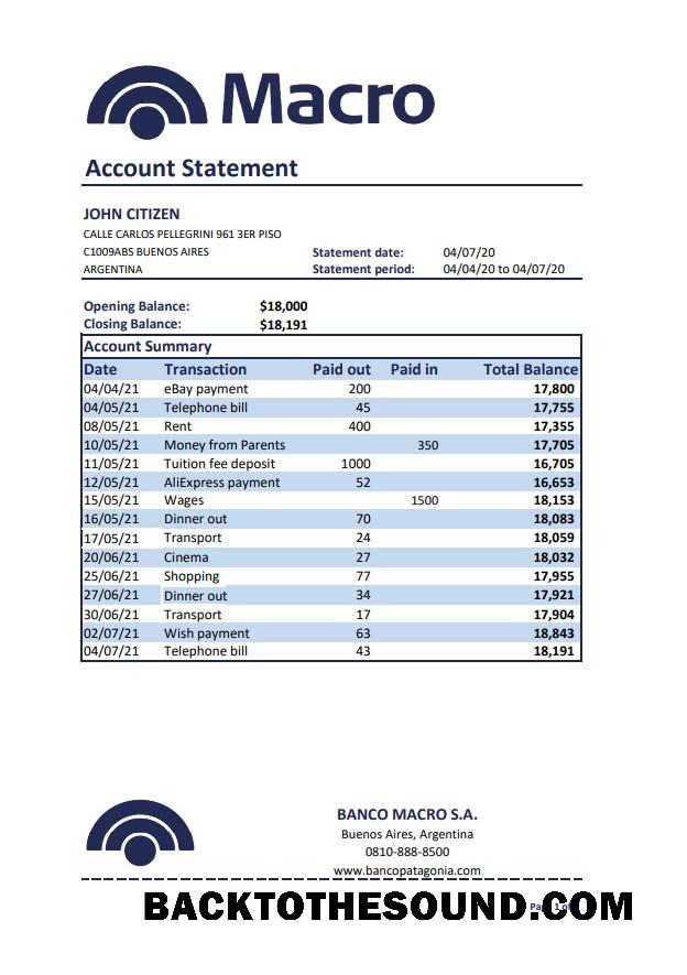 İndir Arjantin Banco Macro S. A. Banka Hesap Özeti in Excel and PDF Format Örnek ön izleme