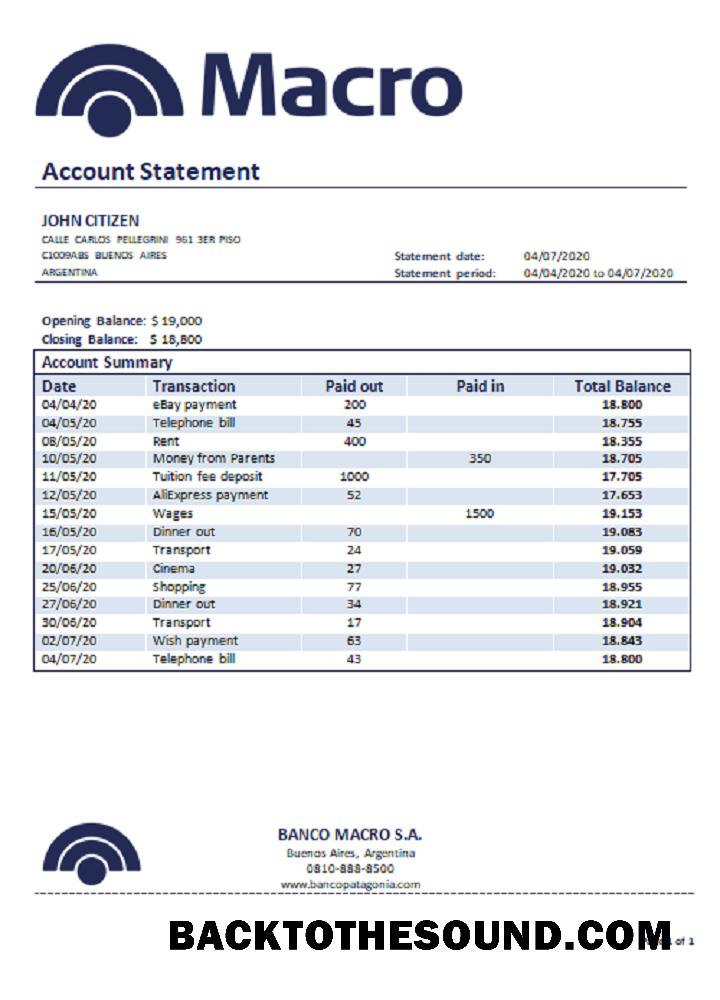 İndir Arjantin Banco Macro S.A. Banka Hesap Özeti Örnek tasarım