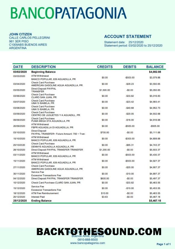 İndir Arjantin Banco Patagonia Banka Hesap Özeti Örnek şablon