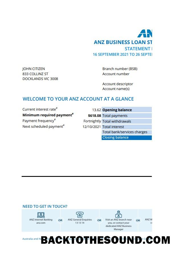 İndir Avustralya ANZ proof of address Banka Hesap Özeti in .XLS and .PDF Format, fully Düzenlenebilir Örnek tasarım