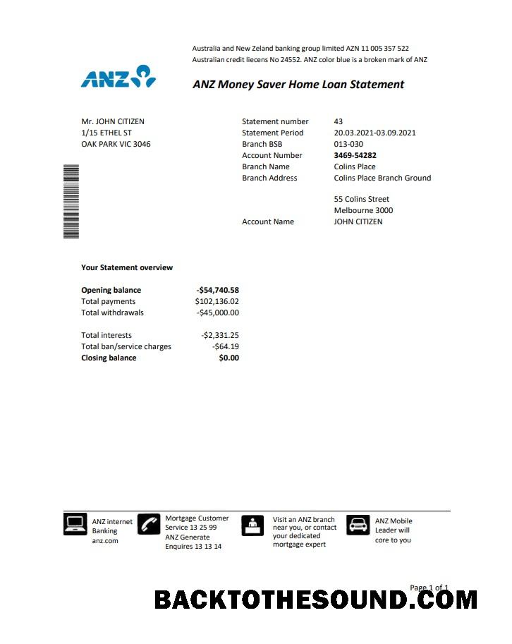 İndir Avustralya ANZ proof of address Banka Hesap Özeti in Excel and PDF Format Örnek şablon