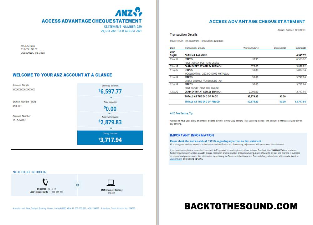 Gerçekçi İndir Avustralya ANZ proof of address Banka Hesap Özeti Şablon.1 Örnek