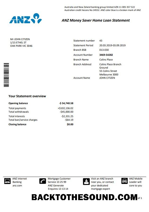 Gerçekçi İndir Avustralya ANZ proof of address Banka Hesap Özeti template1 Örnek