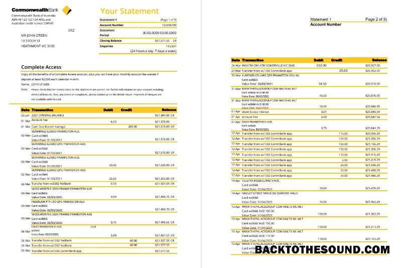 İndir Avustralya Commonwealth Banka Hesap Özeti in Excel and PDF Format (3 pages), Sürüm 2 Örnek taslak