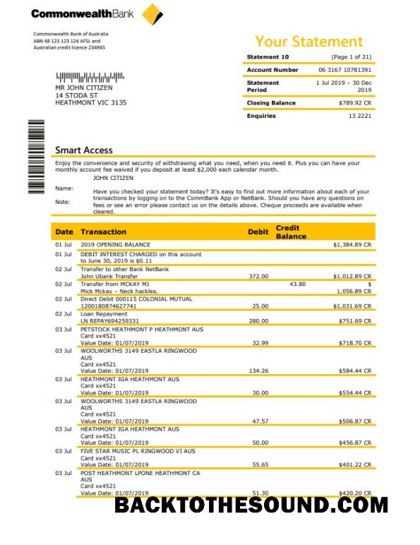 İndir Avustralya Commonwealth Banka Hesap Özeti in Word and PDF Format, good for address prove Örnek ön izleme