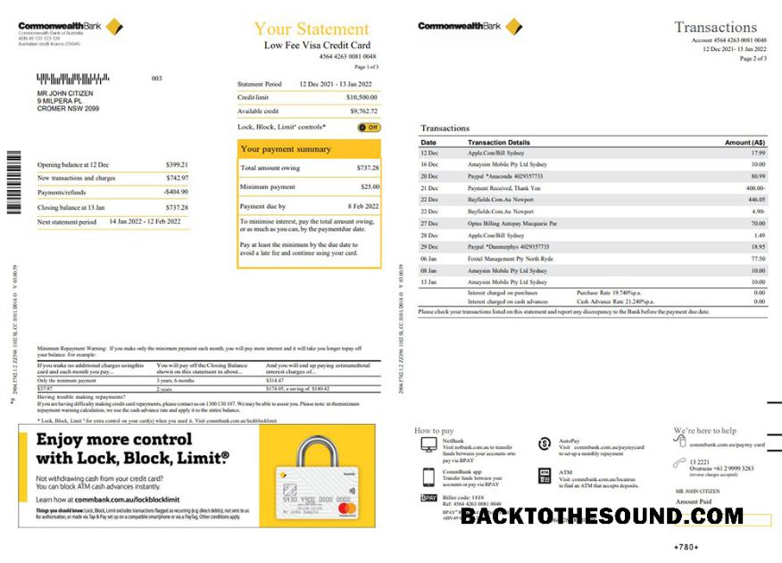 Yüksek Kalite İndir Avustralya Commonwealth Banka Hesap Özeti, Word and PDF Şablon, 3 pages Örnek