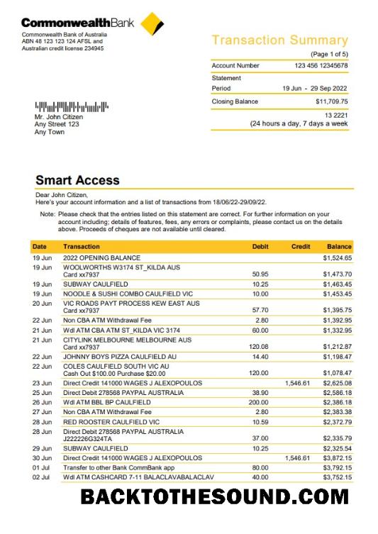 Premium İndir Avustralya Commonwealth Banka Hesap Özeti, Word and PDF Şablon, 5 pages Örnek