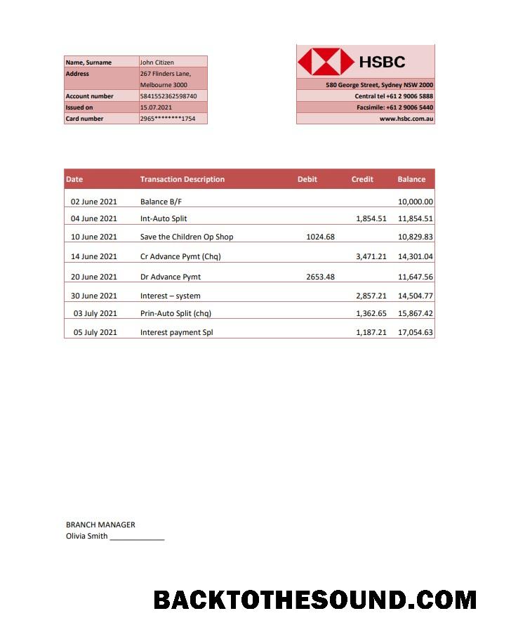 İndir Avustralya HSBC Banka Hesap Özeti in Excel and PDF Format, fully Düzenlenebilir Örnek ön izleme