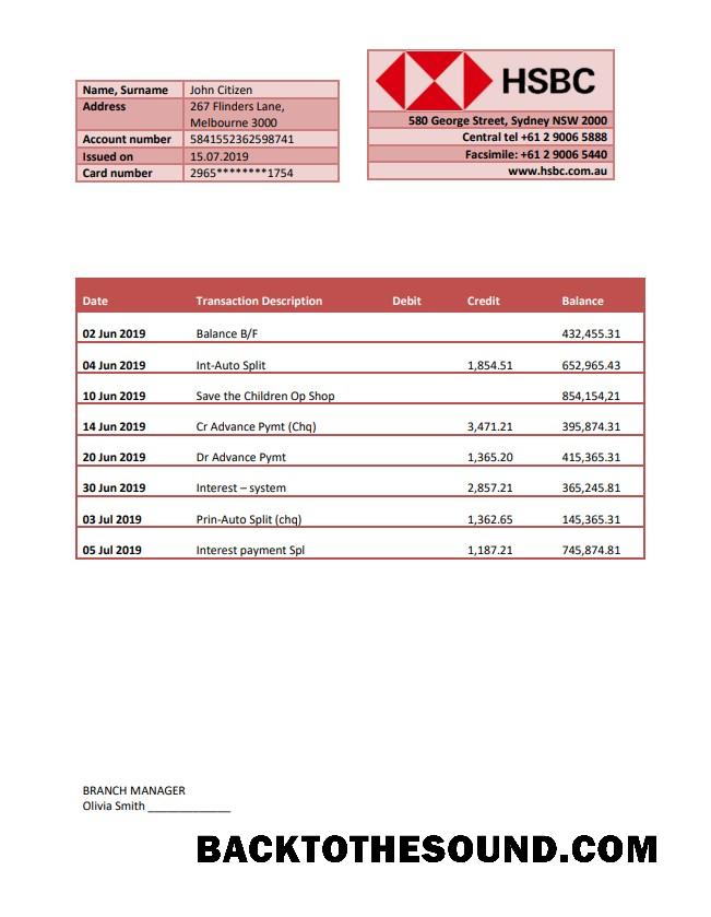 İndir Avustralya HSBC Banka Hesap Özeti fully Düzenlenebilir in Word and PDF Format Örnek tasarım
