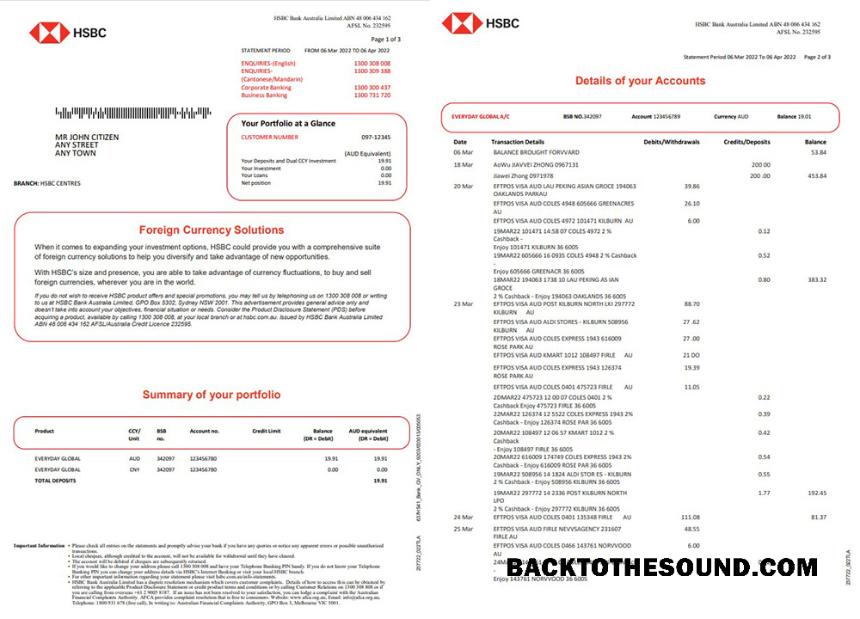 Yüksek Kalite İndir Avustralya HSBC Banka Hesap Özeti, Word and PDF Şablon, 3 pages Örnek