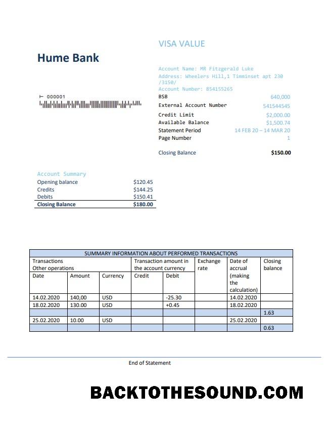 İndir Avustralya Humebank proof of address Hesap Özeti in .doc and .PDF Format, fully Düzenlenebilir Örnek tasarım