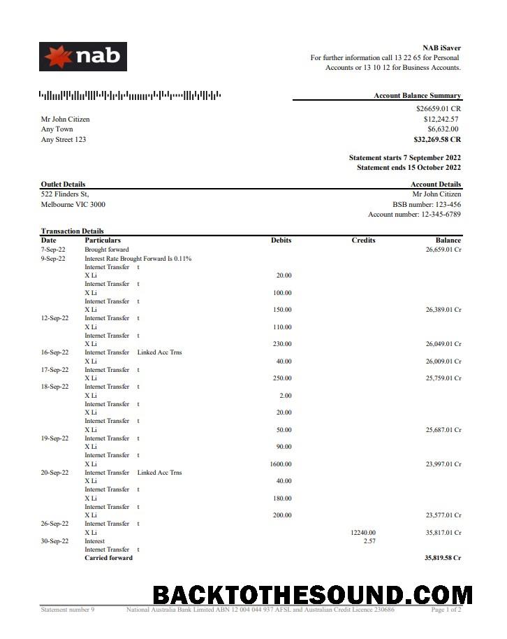 İndir Avustralya NAB Banka Hesap Özeti 2 pages XLS Örnek örnek