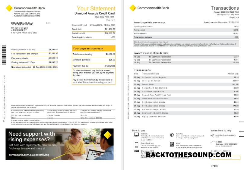 İndir Avustralya NSW Commonwealth Banka Diamond Awards Kredi Kart Hesap Özeti, 4 pages scr1 Örnek şablon