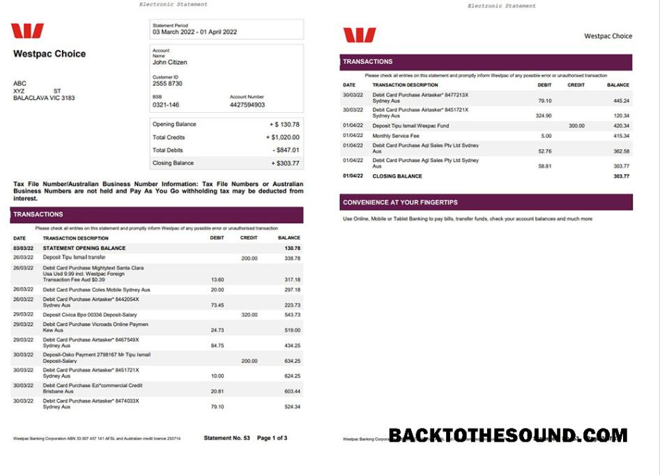İndir Avustralya Westpac Banka Hesap Özeti 3 pages Örnek örnek