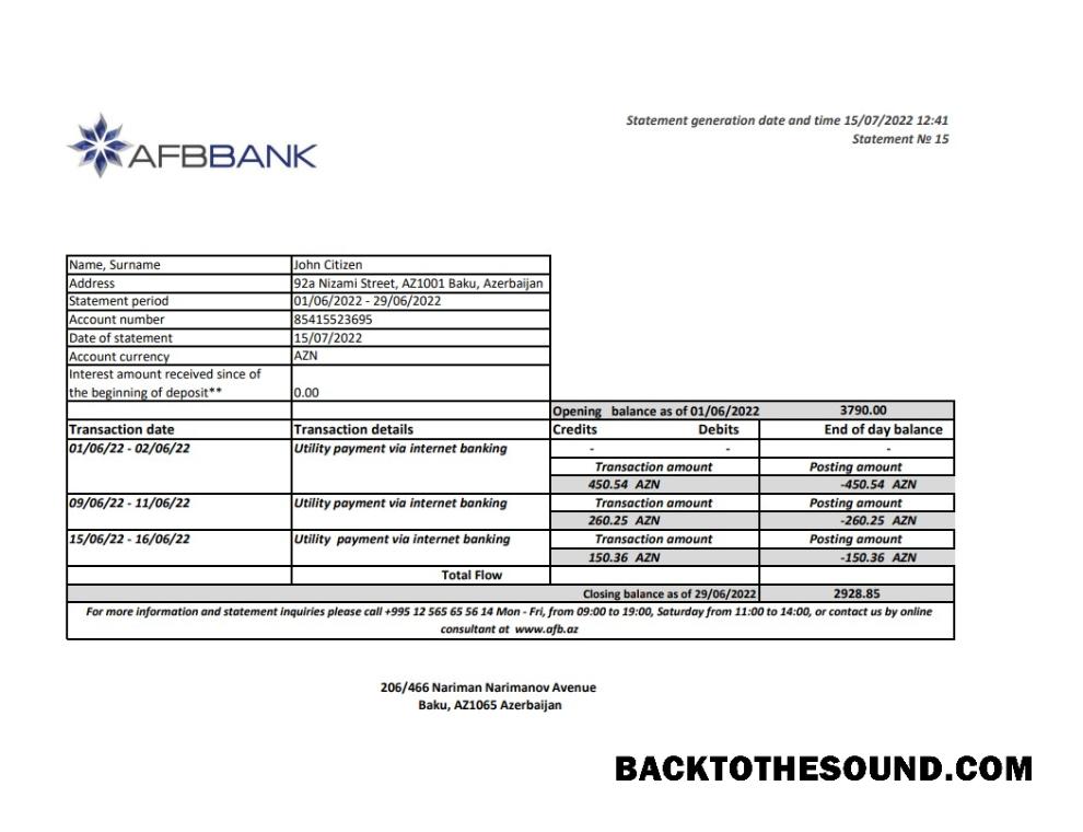 İndir Azerbaycan Afbbank Banka Hesap Özeti in Excel and PDF Format Örnek şablon