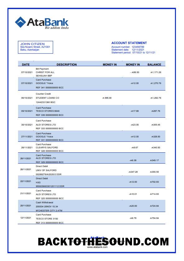İndir Azerbaycan Atabank Banka Hesap Özeti in Word and PDF Format Örnek tasarım
