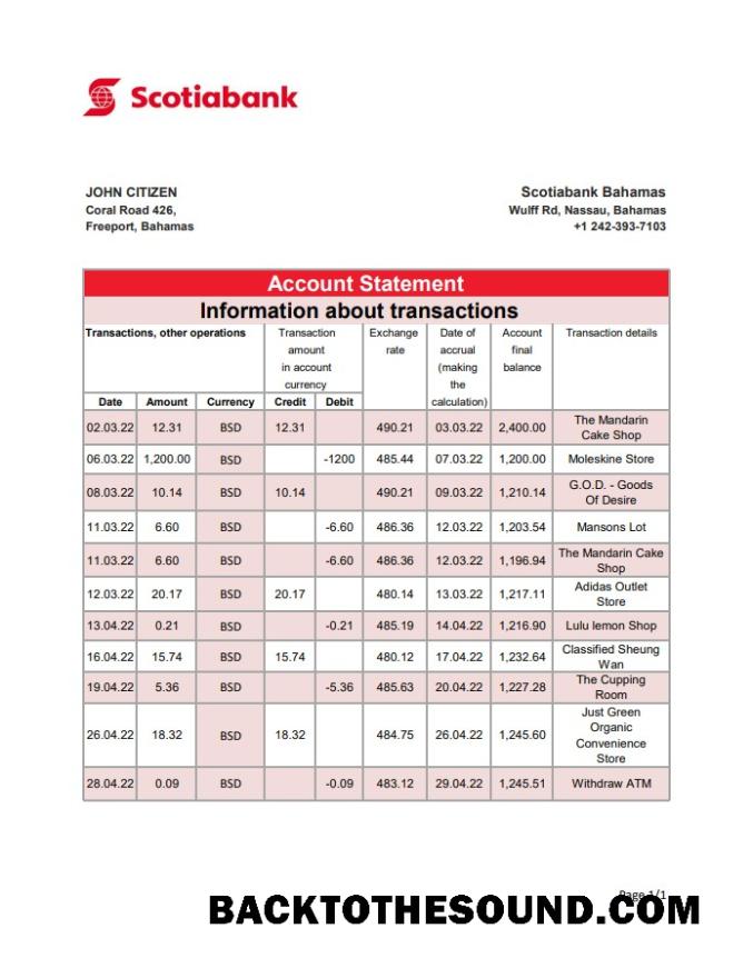 İndir Bahamalar Scotiabank Banka Hesap Özeti XLS Örnek ön izleme