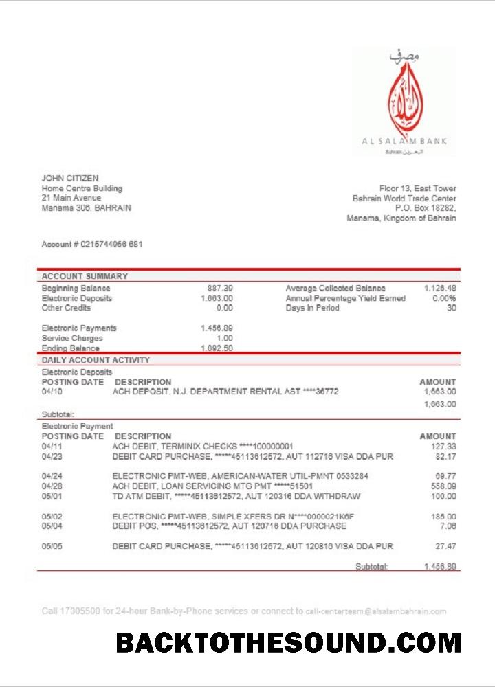 İndir Bahreyn Al Salam Banka Hesap Özeti Örnek tasarım