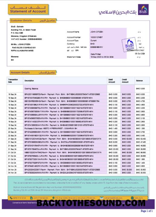 İndir Bahreyn BISB Banka Hesap Özeti Word and PDF Örnek tasarım