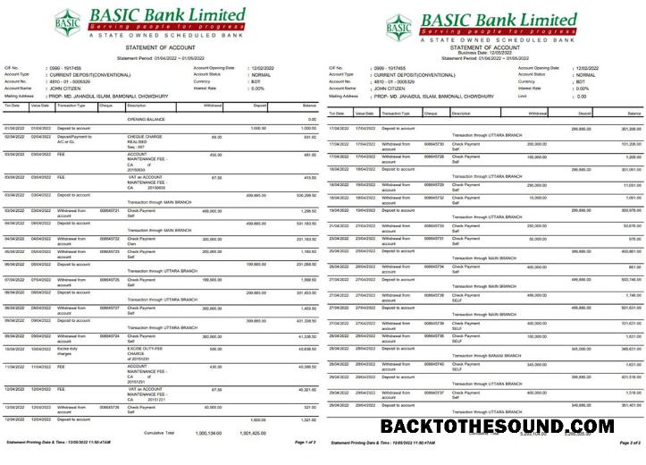 Düzenlenebilir İndir Bangladeş temel Banka Hesap Özeti Word and PDF Şablon, 2 pages Örnek