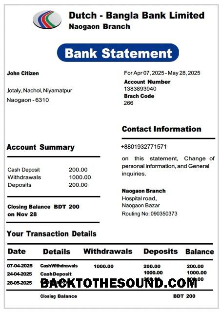 İndir Bangladeş Dutch Bangla Banka Limited Banka Hesap Özeti Word and PDF Örnek taslak