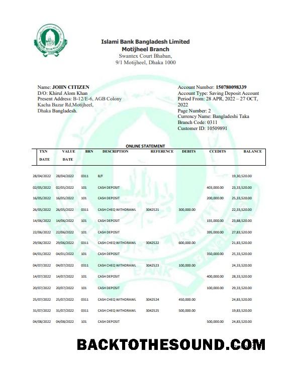Düzenlenebilir İndir Bangladeş Islami Banka Limited Hesap Özeti Word and PDF Şablon, 2 pages Örnek