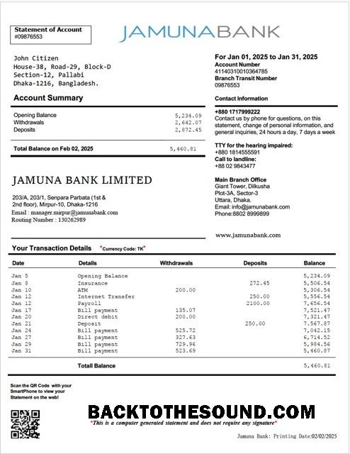 İndir Bangladeş Jamuna Banka Hesap Özeti of Hesap Word and PDF Örnek örnek