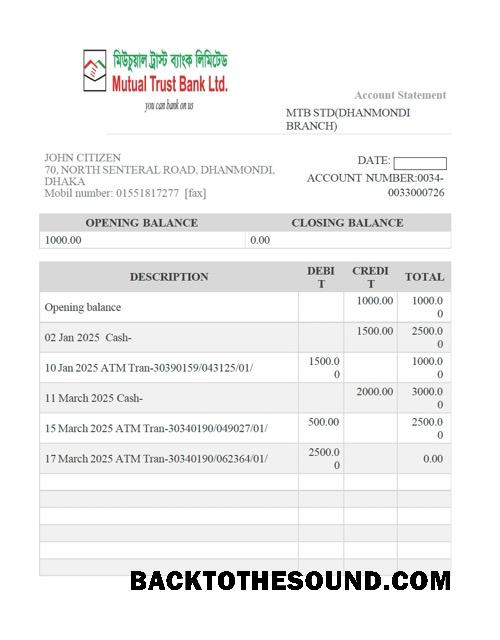 İndir Bangladeş Mutual Trust Banka Hesap Hesap Özeti Word and PDF Örnek örnek