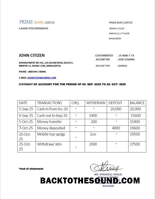 İndir Bangladeş Prime Banka Limited Hesap Özeti of Hesap Word and PDF Örnek örnek