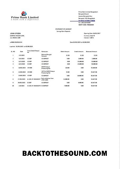 Gerçekçi İndir Bangladeş Prime Banka Limited Hesap Özeti of Hesap Word and PDF Şablon, Sürüm 2 Örnek