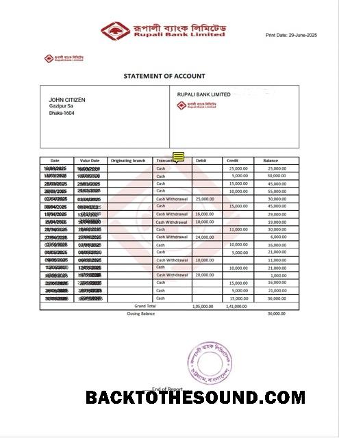 İndir Bangladeş Rupali Banka Hesap Özeti of Hesap Word and PDF Örnek taslak