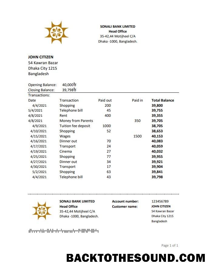 İndir Bangladeş Sonali Banka Hesap Özeti easy to fill in Excel and PDF Format Örnek şablon