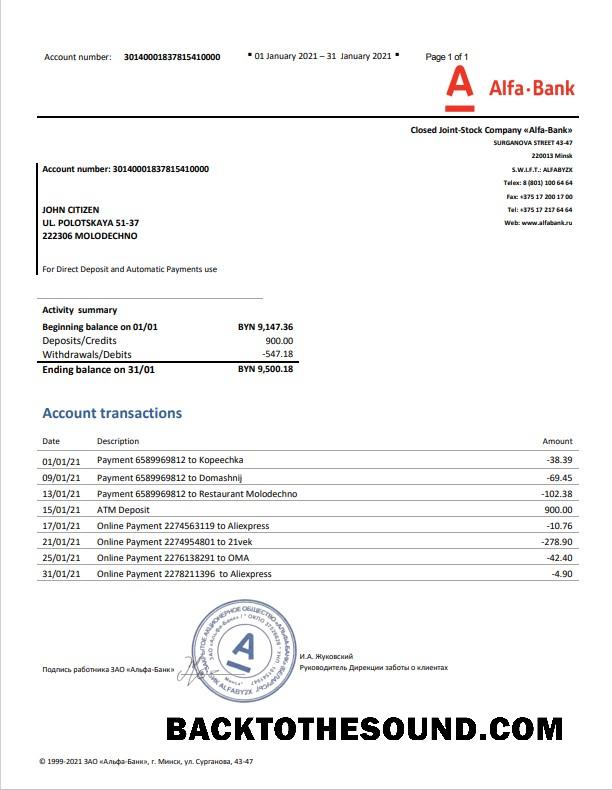 İndir Belarus Alfa Banka Hesap Özeti in Word and PDF Format Örnek örnek