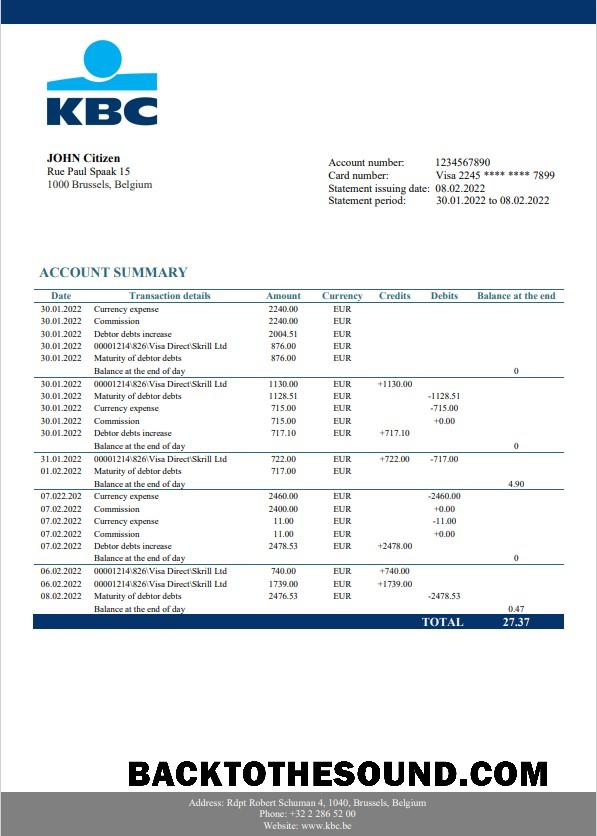İndir Belçika KBC Banka Hesap Özeti in Word and PDF Format Örnek tasarım