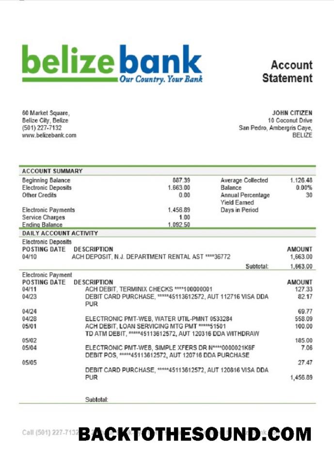 İndir Belize Belizebank Banka Hesap Özeti Örnek taslak