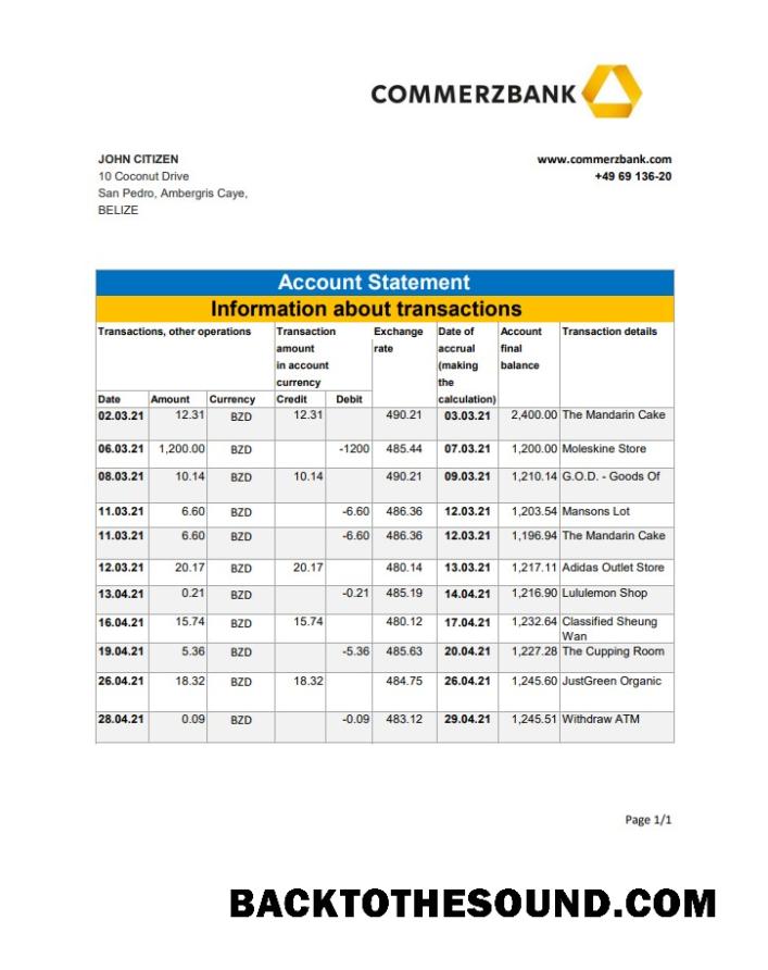 İndir Belize Commerzbank Banka Hesap Özeti easy to fill in Excel and PDF Format Örnek taslak