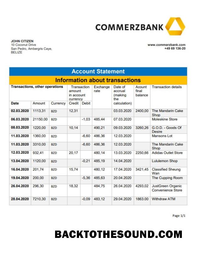İndir Belize Commerzbank Banka Hesap Özeti Örnek tasarım