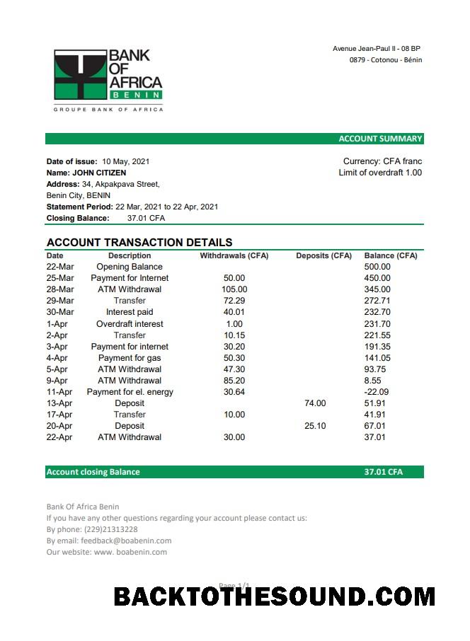 İndir Benin Banka of Africa Banka Hesap Özeti easy to fill in Excel and PDF Format Örnek ön izleme